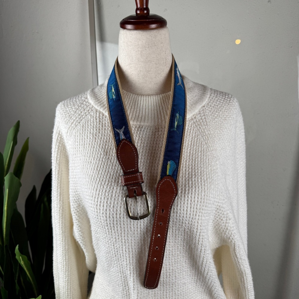 Fish Embroidered Belt Women 29" Blue Nautical Canvas Leather Preppy Marlin